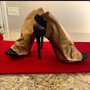 Stilleto  Open Toe Stretch Black Heel  Bronze Leather Material